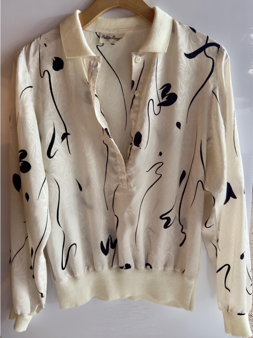 Vintage Polo Blouse with Black Abstract Print